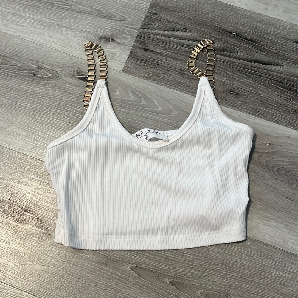 very cropped LF white tank top gold chain straps